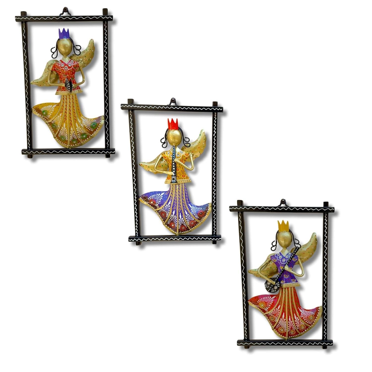 Rsn 3 Rajasthani Pari Musician Wall Hangings For Home Decoration, Metal Wall Art Frame Wall Sculpture For Living Room, Wall Hang